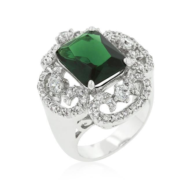 Rhodium Plated Green Cocktail Ring