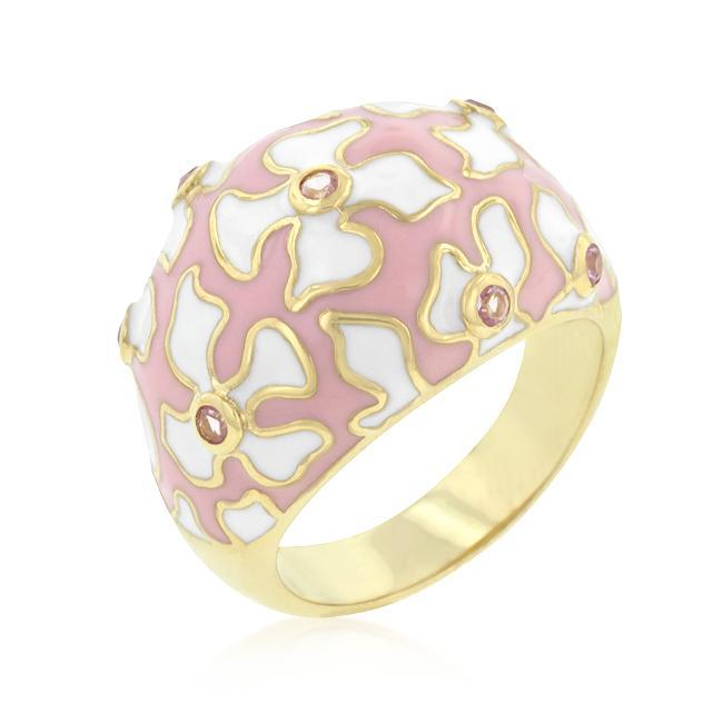 Floral Pink and White Enamel Ring